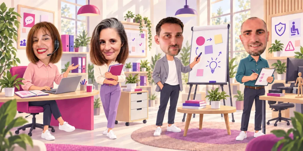 L’équipe Formaestro réunie dans un atelier, en version illustrée.