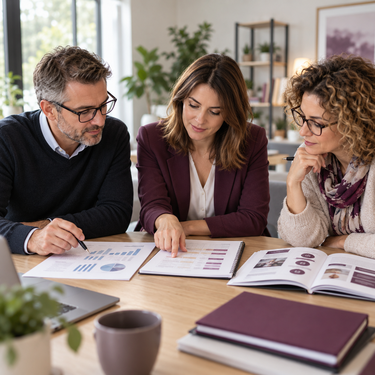 Deux élus et une formatrice comparent des documents financiers et des supports de formation.