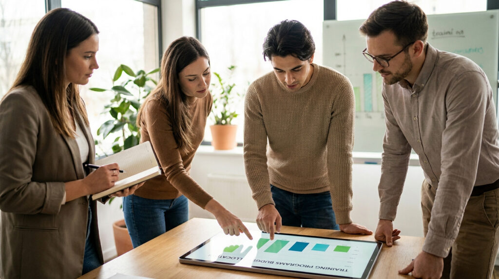 Une équipe examine des documents et des graphiques autour d’une table.