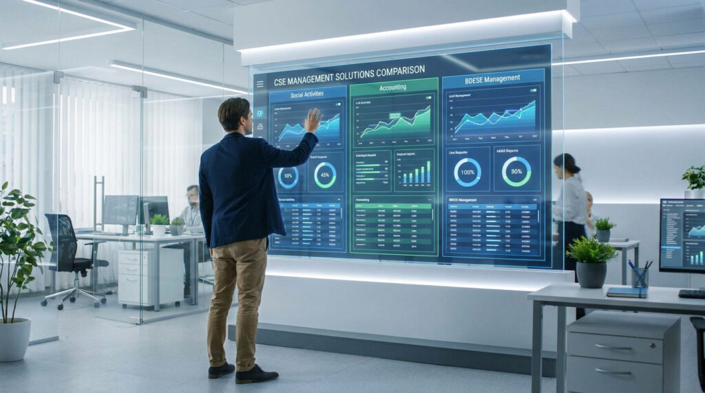 Un professionnel analyse un tableau de bord numérique interactif affichant des données de gestion pour le CSE.