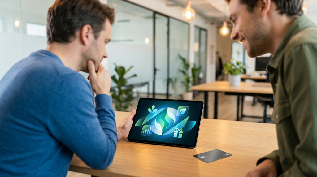 Deux collègues discutent devant une tablette affichant l'interface graphique colorée de la solution HelloCSE.