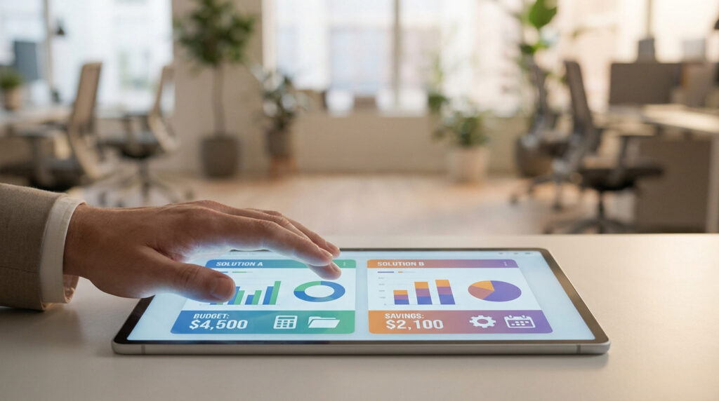 Main utilisant une tablette affichant un comparatif graphique de données financières entre deux solutions logicielles.