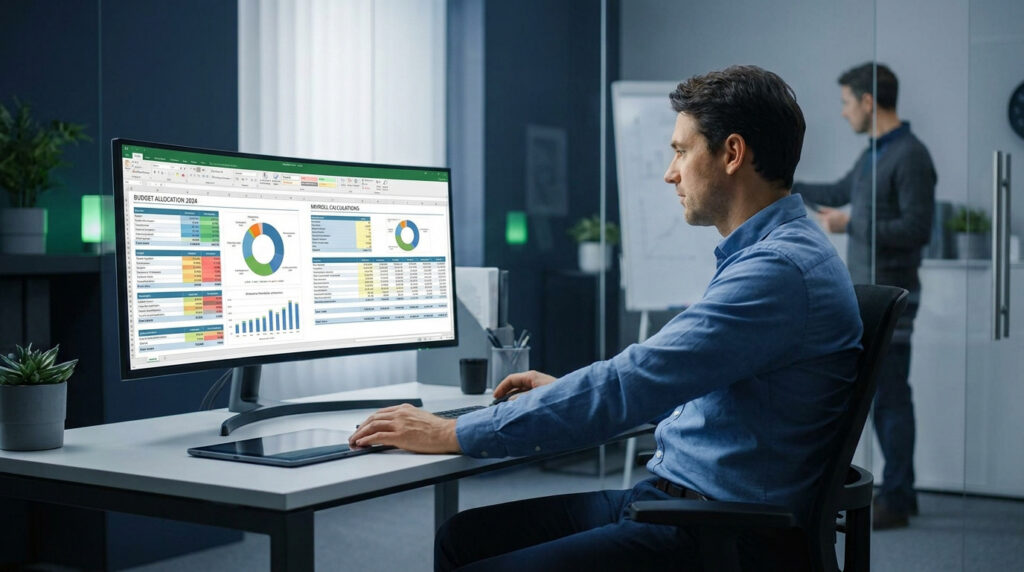 Un homme travaillant sur un ordinateur affichant des graphiques de budget et de masse salariale dans un bureau moderne.