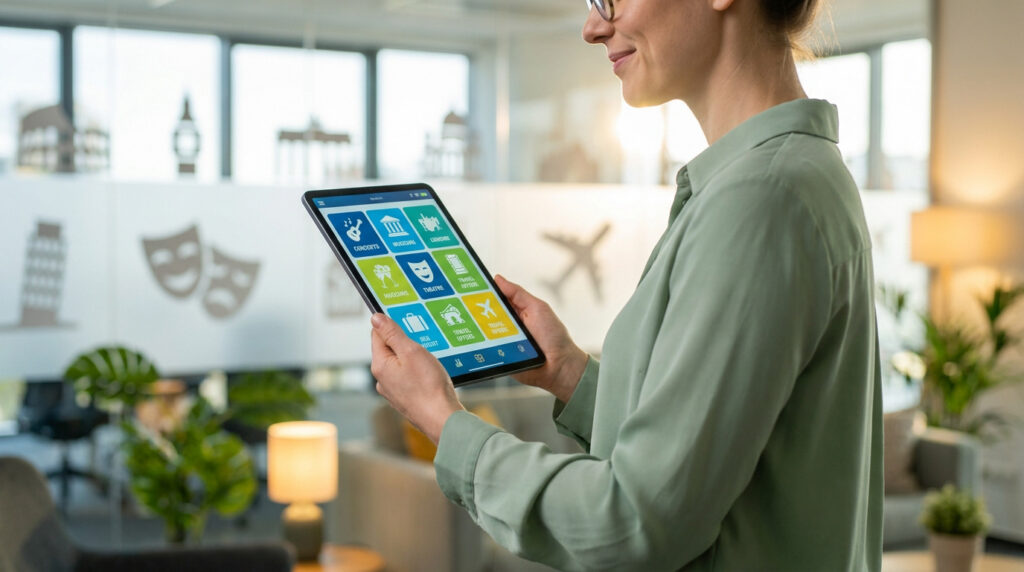 Une femme utilise une tablette affichant une application de billetterie culturelle et de loisirs au bureau.
