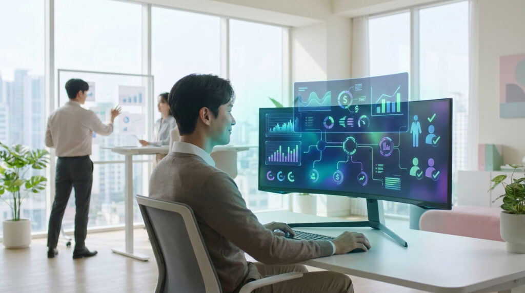 Professionnel analysant des tableaux de bord financiers et RH sur un écran ultra-large dans un bureau moderne.