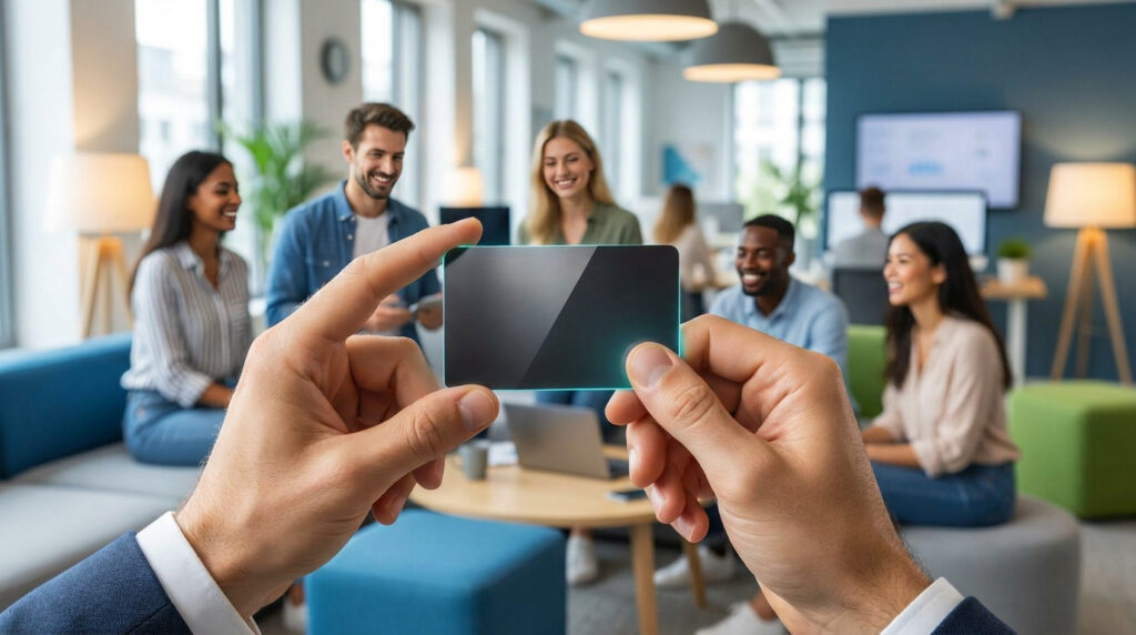 Mains tenant une carte bancaire vierge au premier plan, avec une équipe dynamique travaillant dans un bureau en arrière-plan.