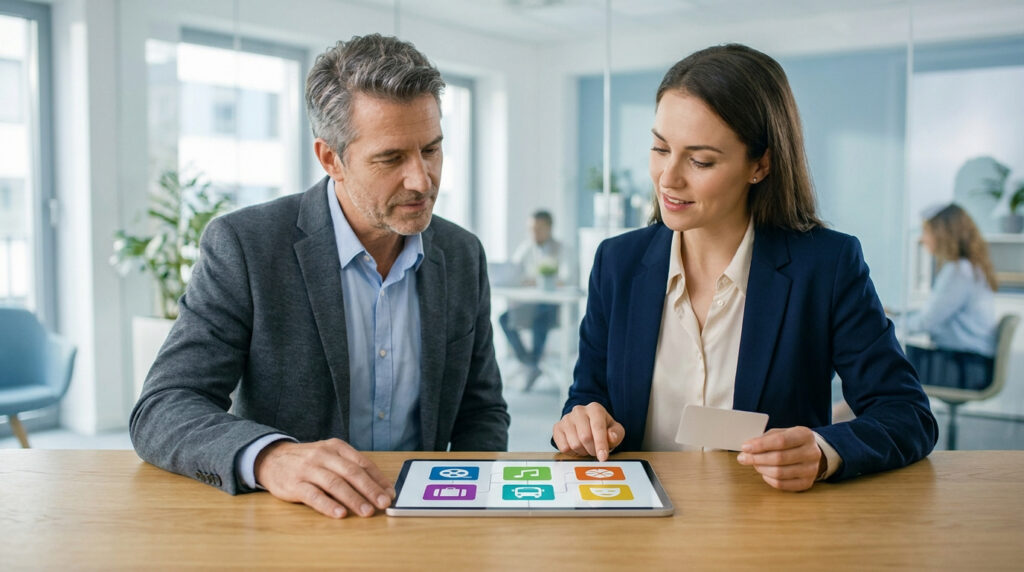 Un homme et une femme en réunion utilisant une tablette tactile affichant des icônes de loisirs pour comparer des offres.