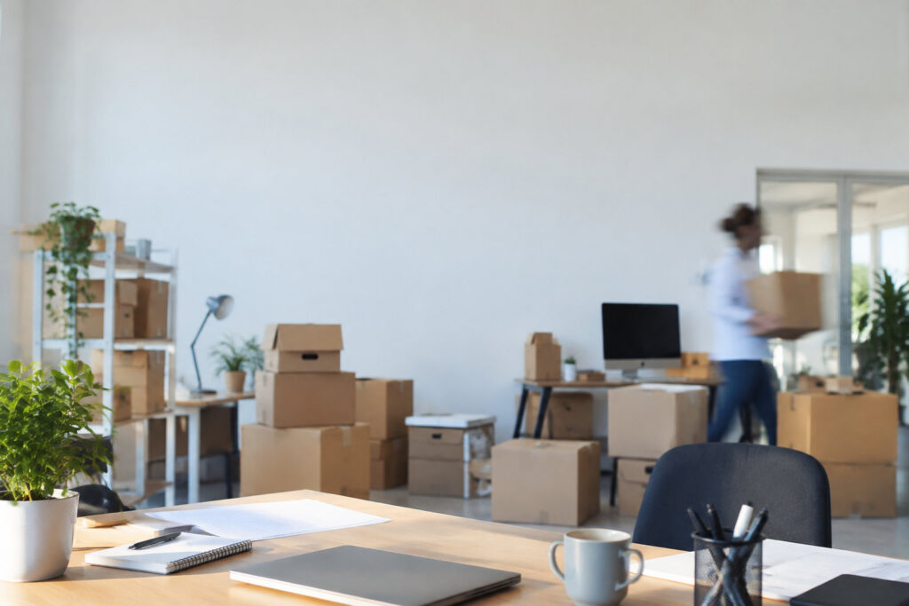 Bureau en plein déménagement avec des cartons empilés et une employée floue en arrière-plan.