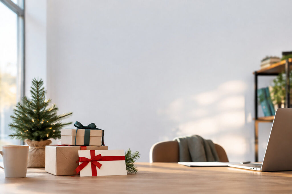 Bureau avec cadeaux de Noël, petit sapin, carte cadeau et ordinateur portable, ambiance festive en entreprise.