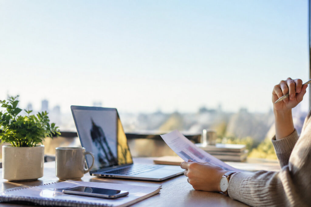 Une personne travaillant sur un ordinateur portable devant une fenêtre avec une vue urbaine, tenant un document.