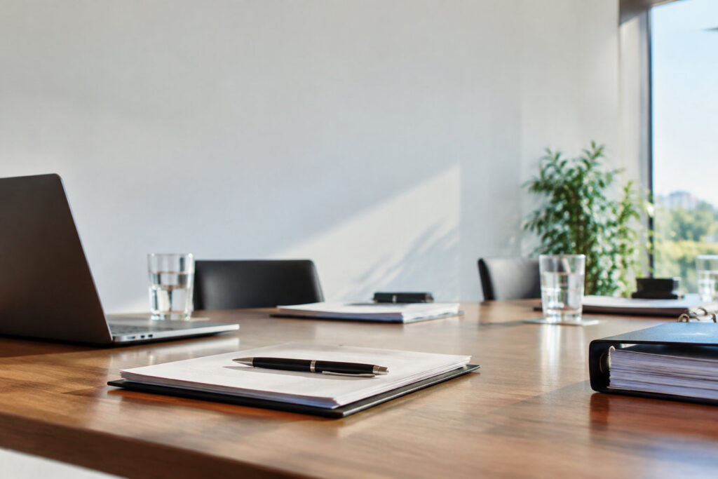 Une table de réunion en bois avec des dossiers, un stylo et un ordinateur portable, dans une salle de bureau lumineuse.