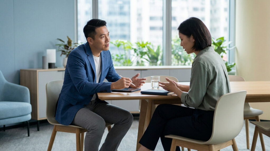 Un homme et une femme discutent sérieusement autour d'une table dans un bureau lumineux.