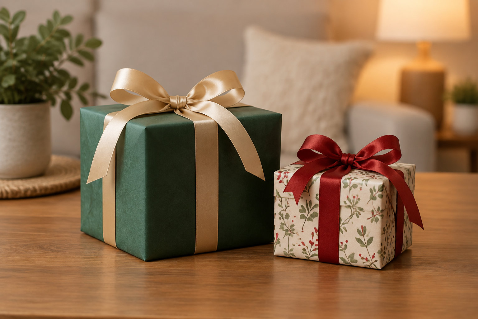 Deux cadeaux emballés, l’un vert avec un ruban doré et l’autre à motifs végétaux avec un ruban rouge, sont posés sur une table en bois dans un salon.