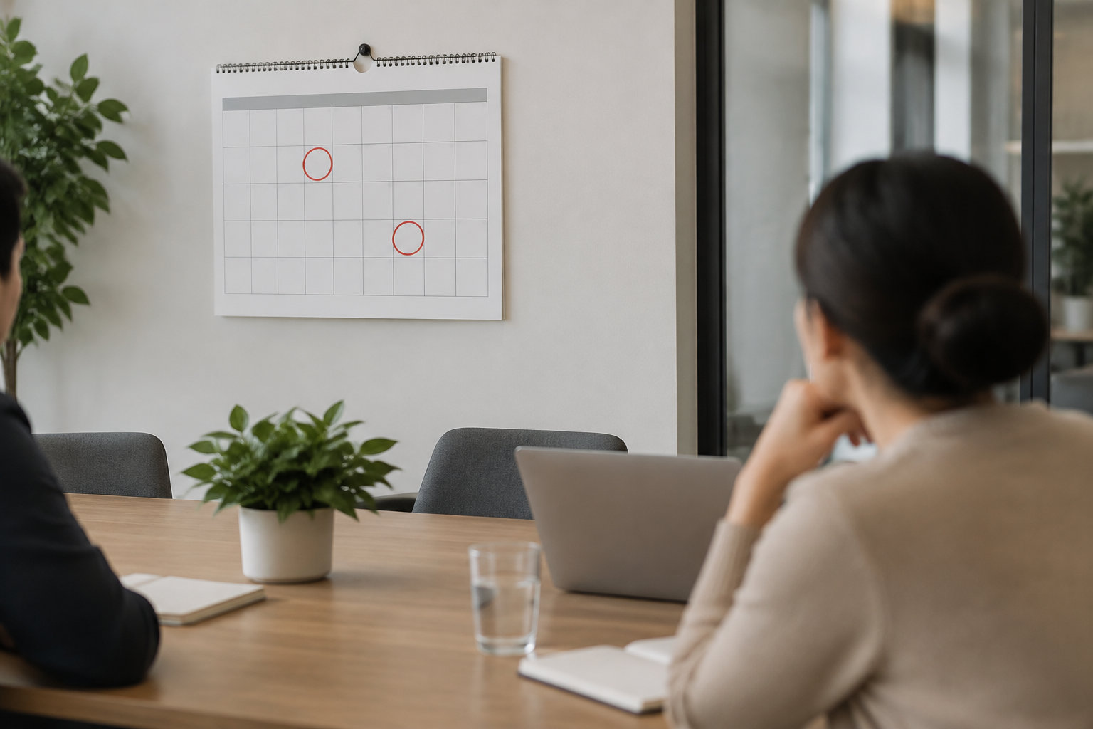 Deux personnes sont assises autour d’une table de réunion devant un calendrier mural sans texte, où deux jours sont entourés en rouge.