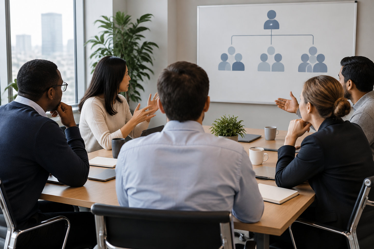 Plusieurs personnes sont réunies autour d’une table dans une salle de réunion, face à un tableau blanc présentant un organigramme sans texte.