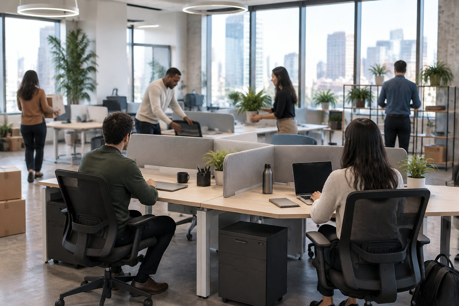 Des employés travaillent dans un bureau ouvert lumineux, tandis que d’autres installent du mobilier et des plantes.