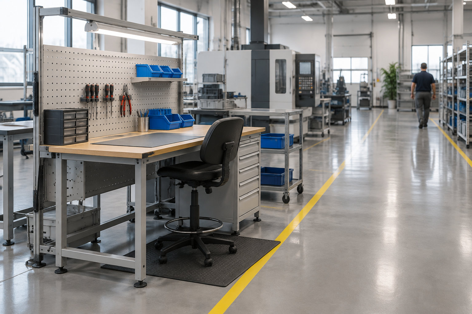 Un atelier industriel lumineux avec un établi équipé d’outils et de bacs bleus, des machines et un homme qui marche au fond.