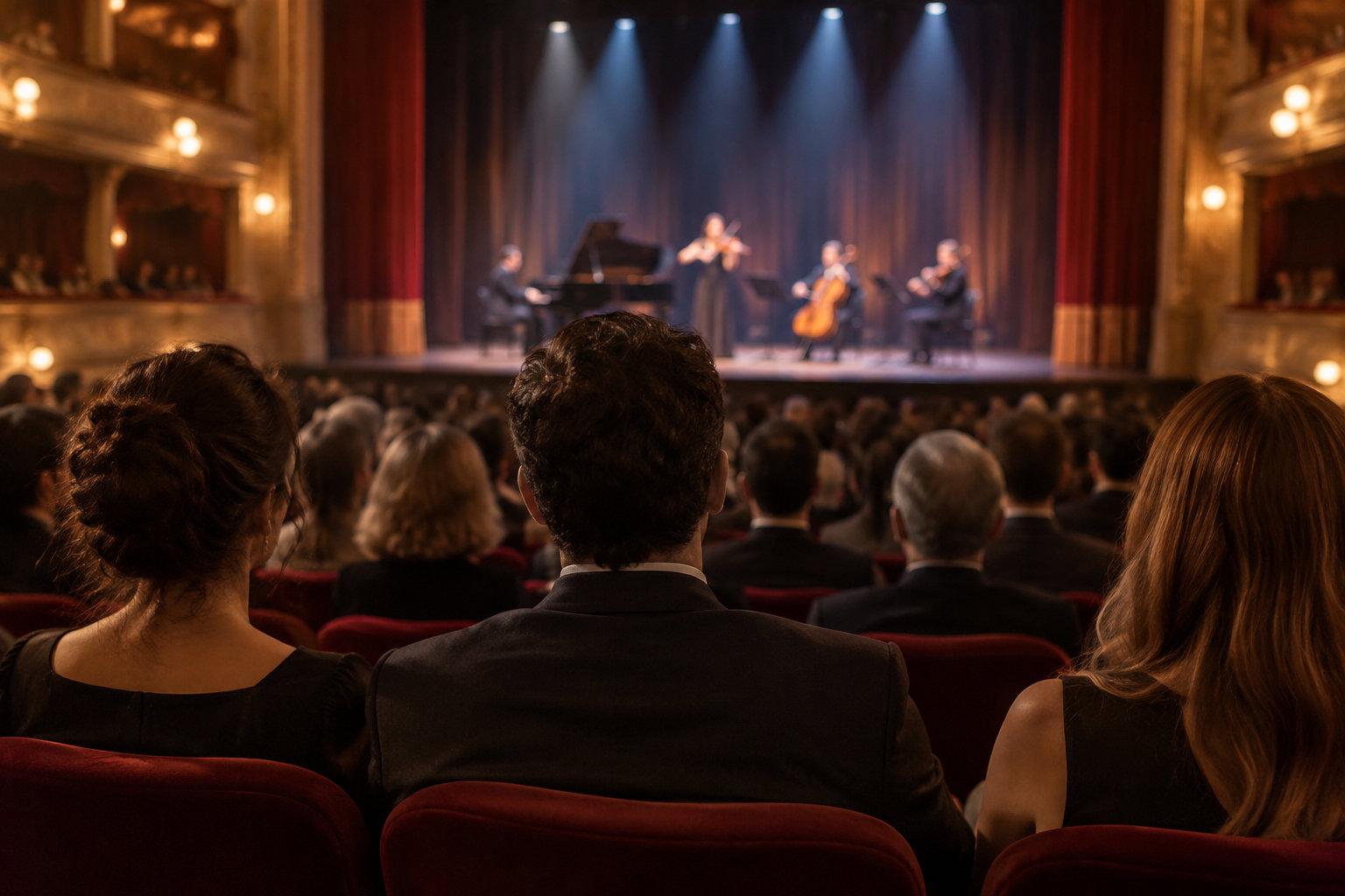 Des spectateurs assis dans des fauteuils rouges regardent un ensemble de musiciens jouer sur une scène éclairée.