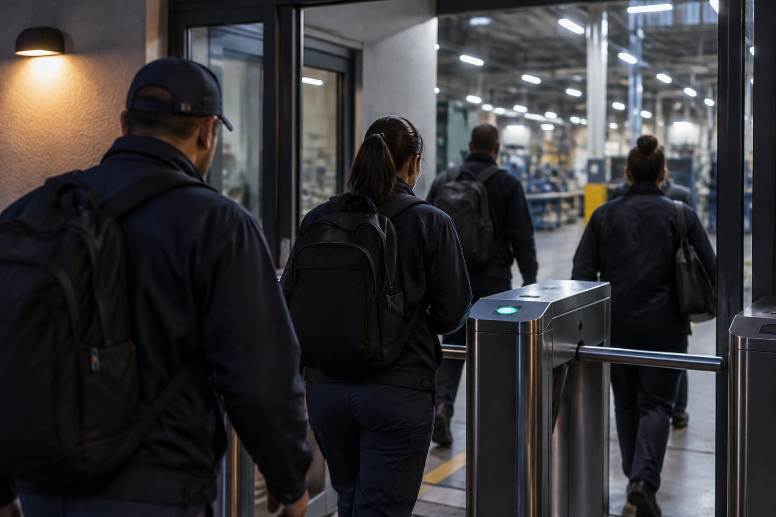 Plusieurs personnes portant des sacs à dos franchissent des tourniquets à l’entrée d’un vaste bâtiment éclairé.