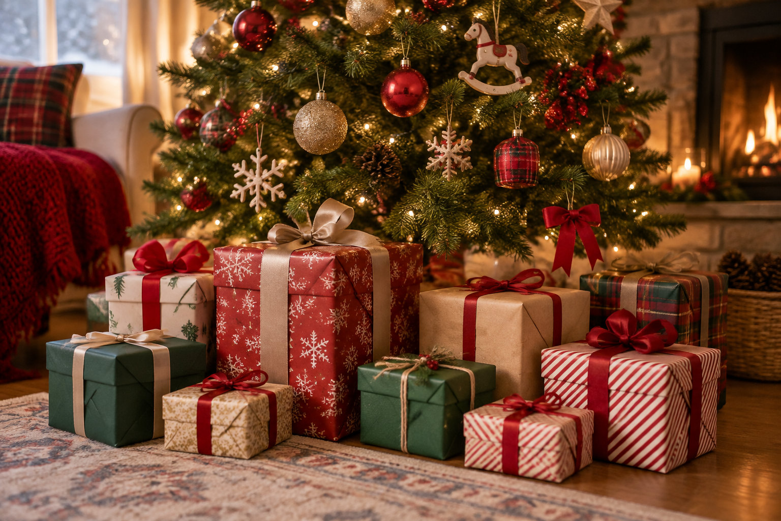 Un sapin de Noël décoré de boules, de flocons et de lumières se dresse au-dessus de nombreux cadeaux emballés, dans un salon éclairé par une cheminée.
