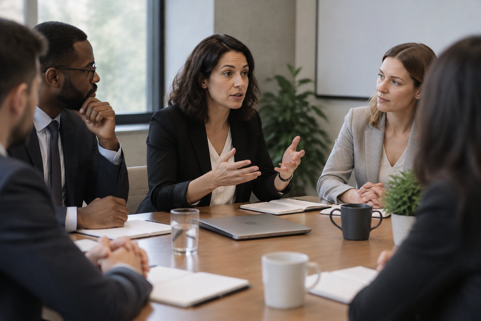 Plusieurs personnes en tenue professionnelle sont réunies autour d’une table ; une femme au centre parle en gesticulant tandis que les autres l’écoutent.
