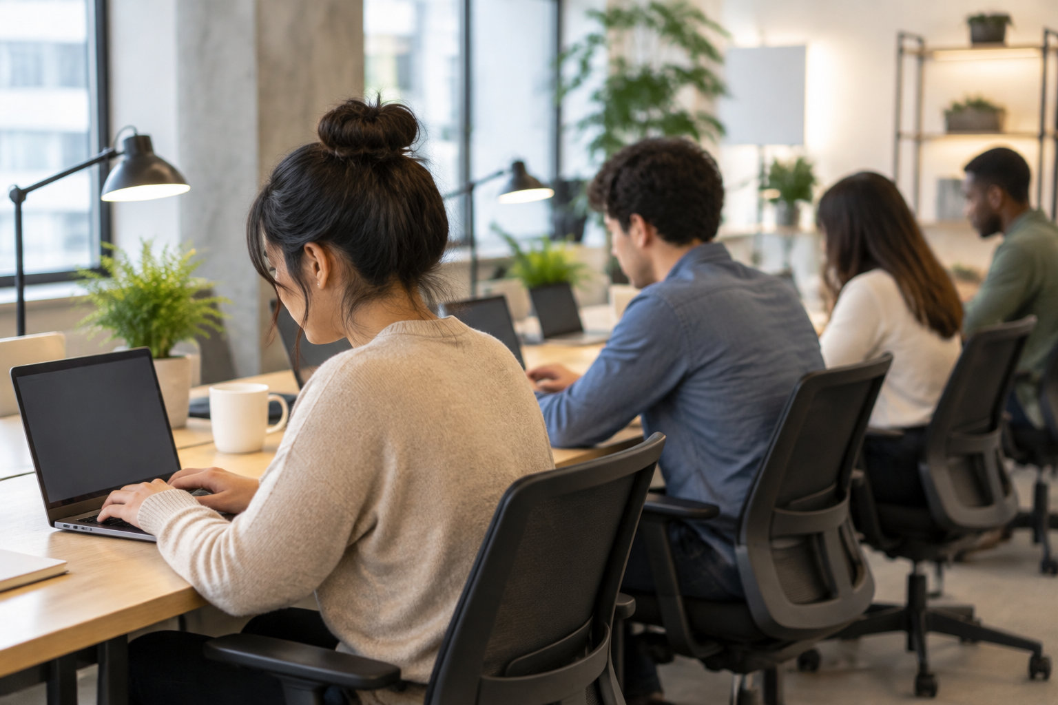 Plusieurs personnes travaillent sur des ordinateurs portables dans un espace de travail lumineux.