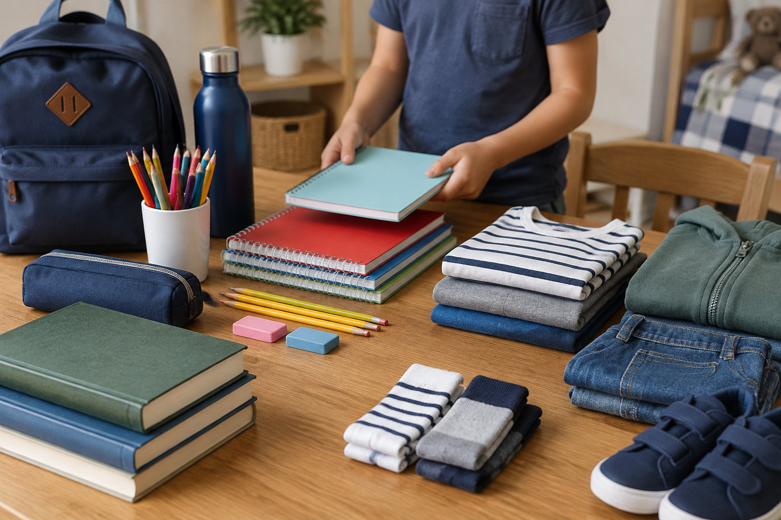 Une personne prépare des fournitures scolaires et des vêtements sur une table en bois, avec un sac à dos, des cahiers, des crayons et des chaussures.