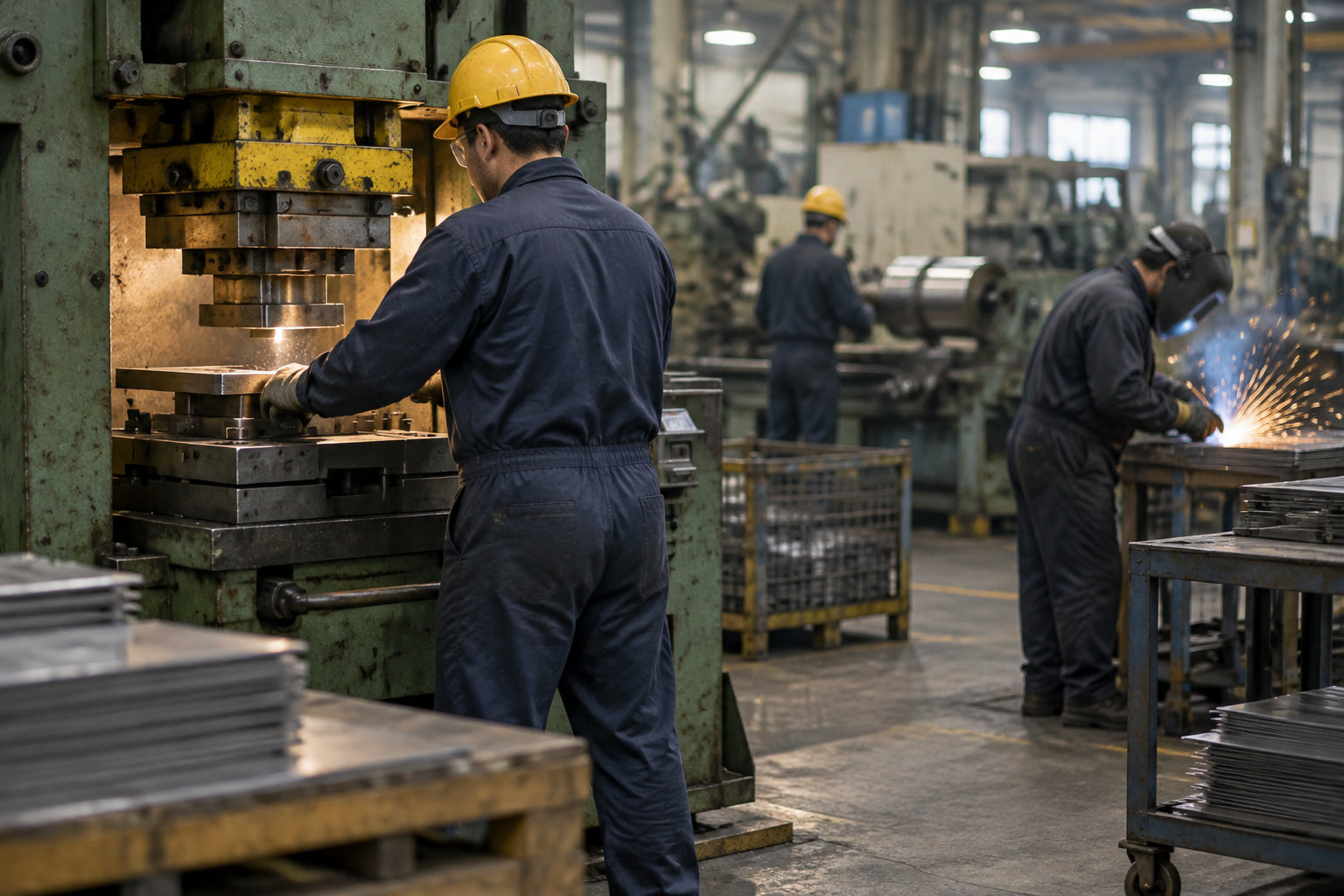 Des ouvriers en combinaison et casque travaillent sur des machines dans un atelier industriel, tandis que l’un d’eux soude une pièce en projetant des étincelles.