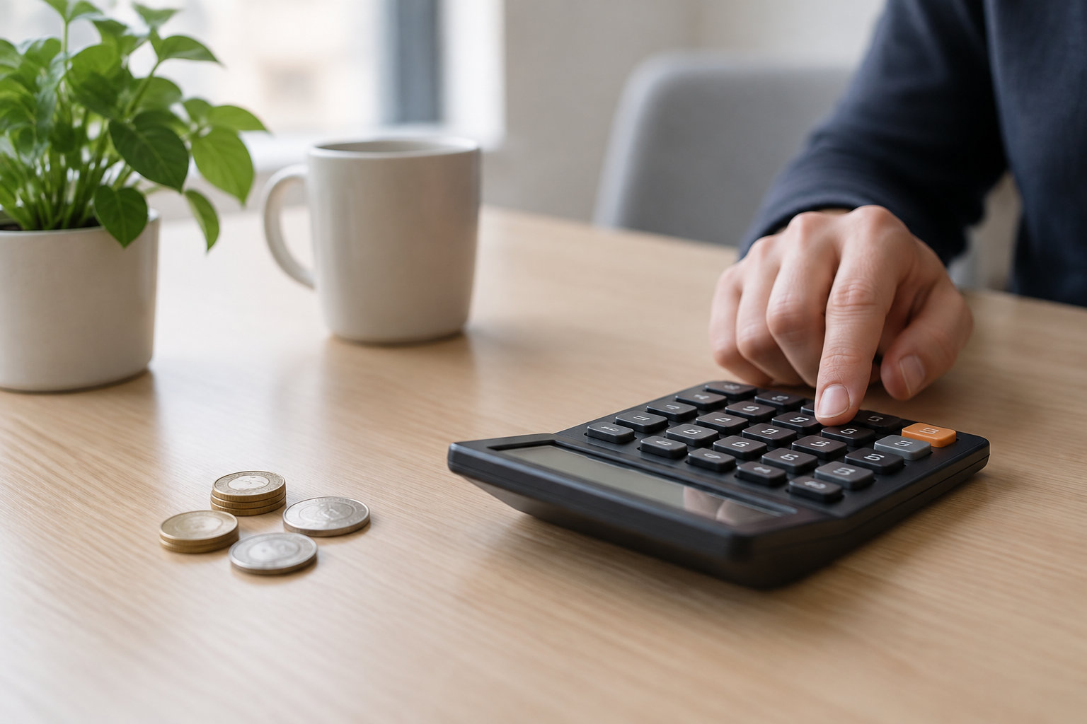 Une main appuie sur les touches d’une calculatrice posée sur une table, près de quelques pièces, d’une tasse et d’une plante en pot.