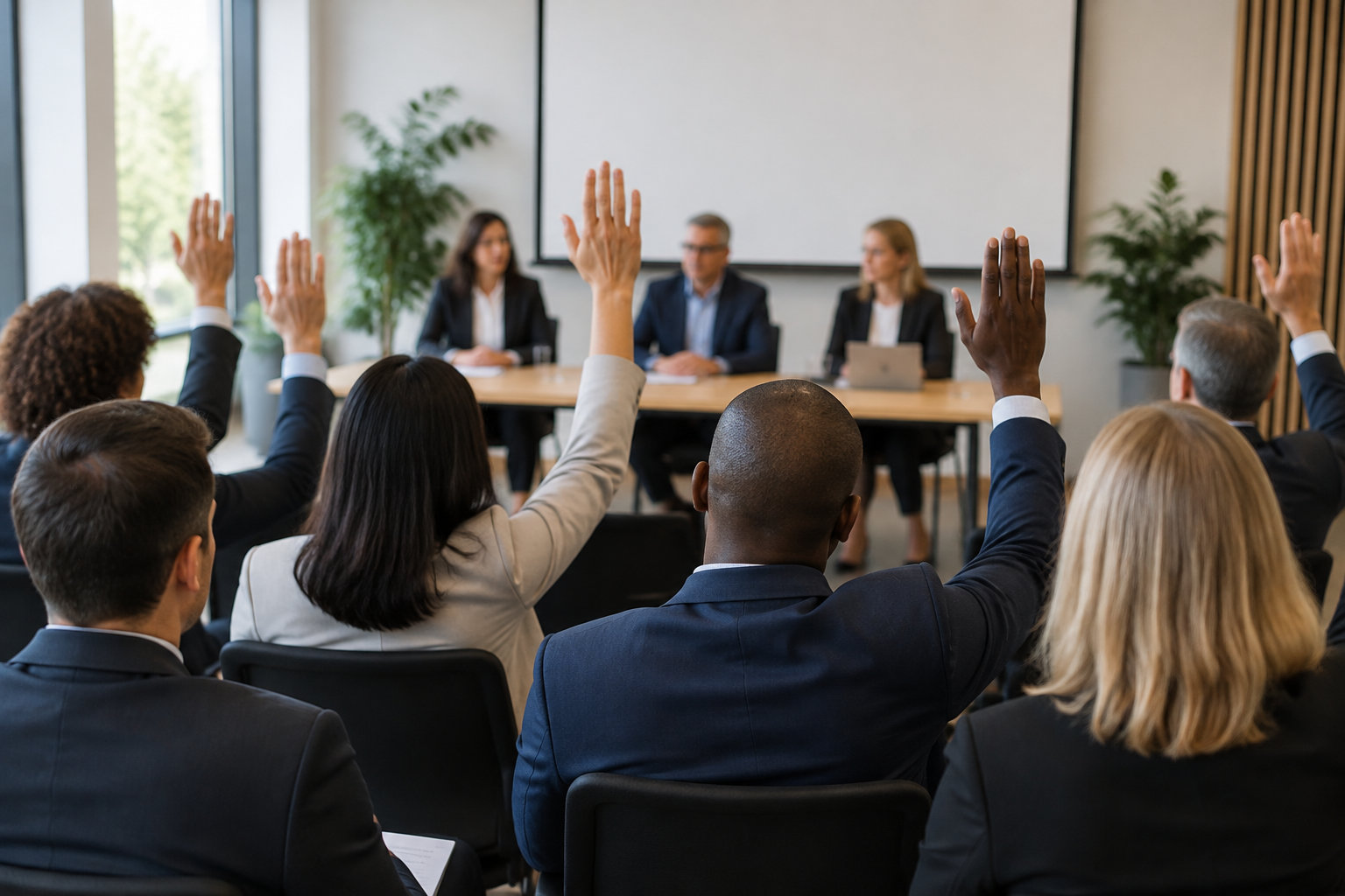 Des personnes en tenue professionnelle lèvent la main lors d’une réunion dans une salle de conférence.