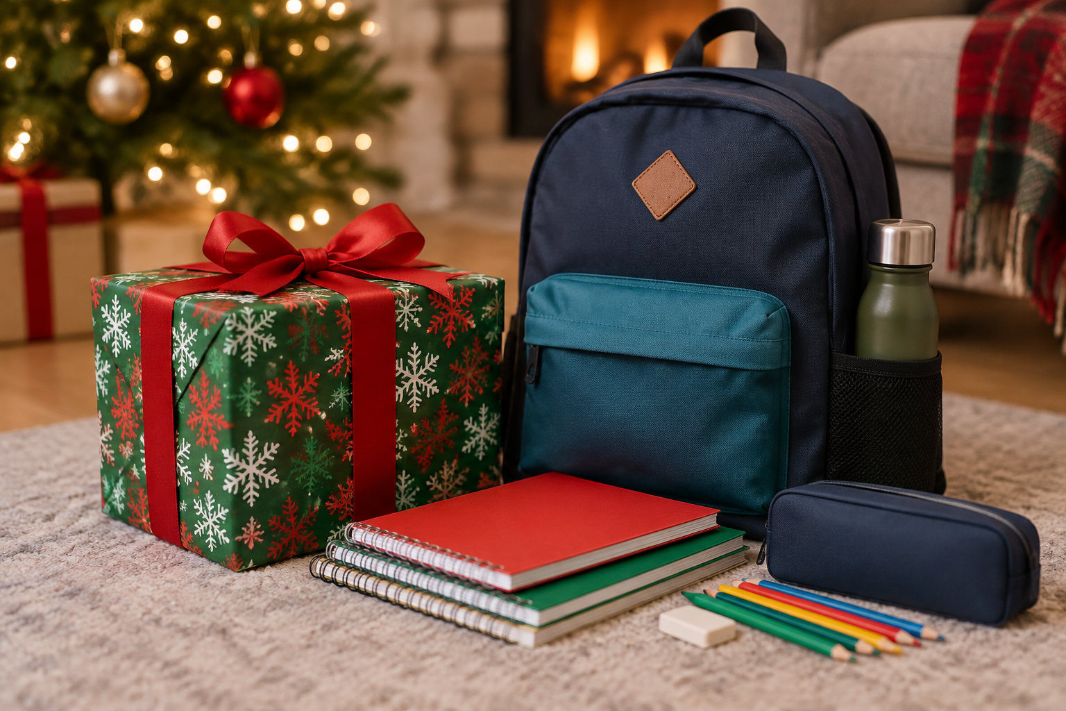 Un sac à dos, une gourde, une trousse, des cahiers et des crayons sont disposés près d’un cadeau emballé, devant un sapin de Noël.