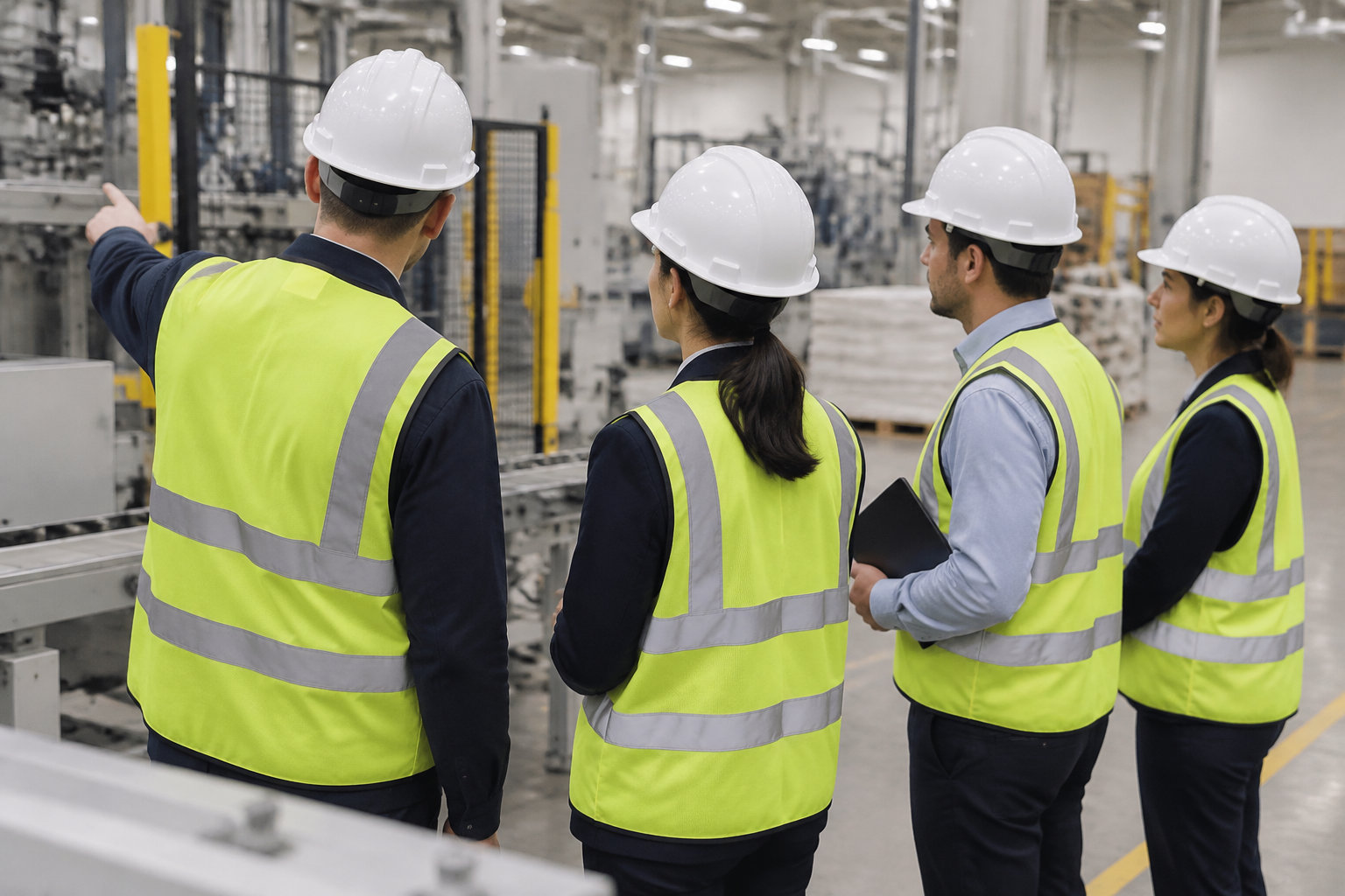 Quatre personnes portant des casques et des gilets de sécurité visitent une usine ; l’une d’elles montre une installation du doigt.