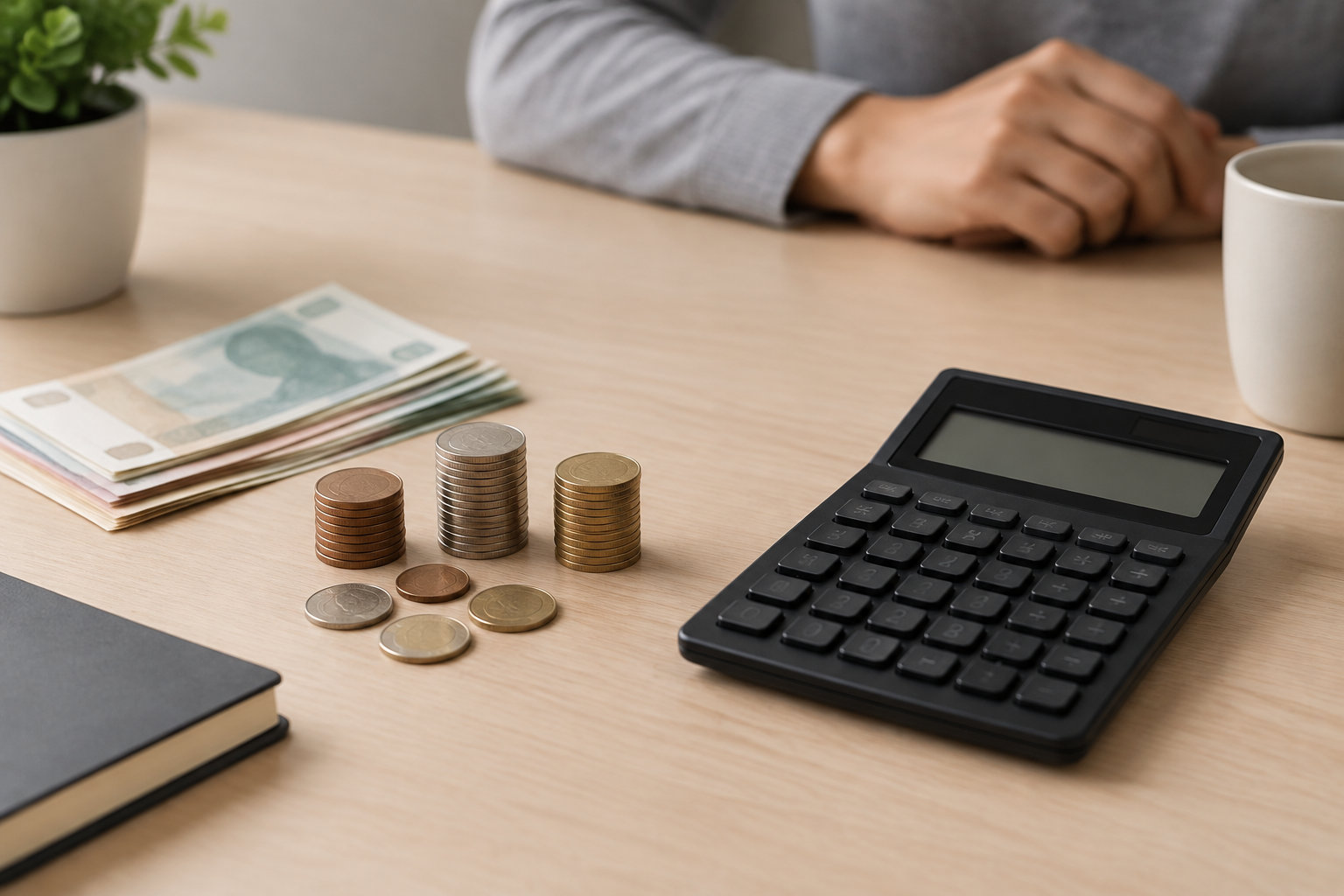 Des billets, des piles de pièces et une calculatrice sont posés sur une table, devant une personne assise.