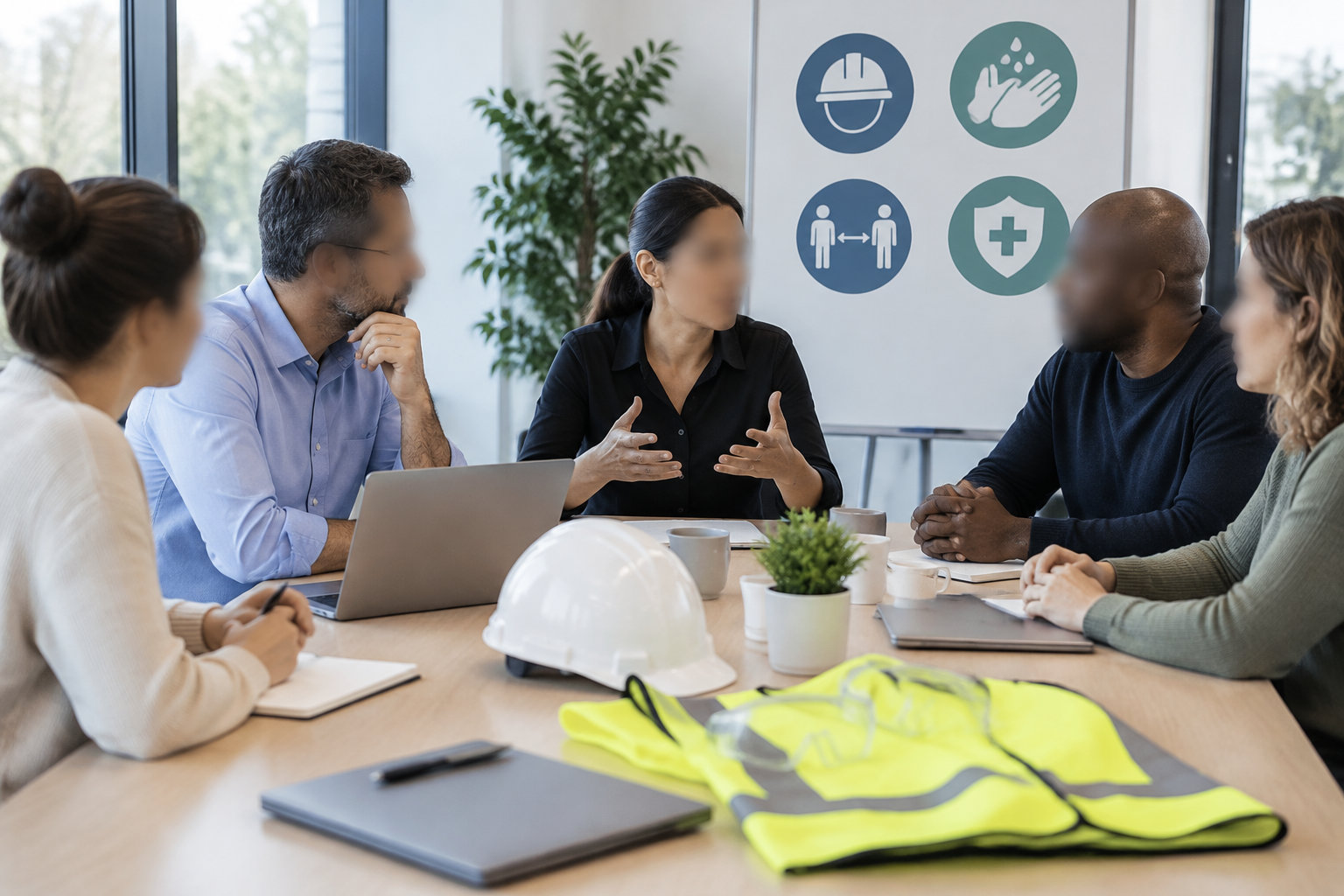 Cinq personnes participent à une réunion autour de la sécurité au travail, avec un casque, un gilet fluorescent et des lunettes de protection posés sur la table.