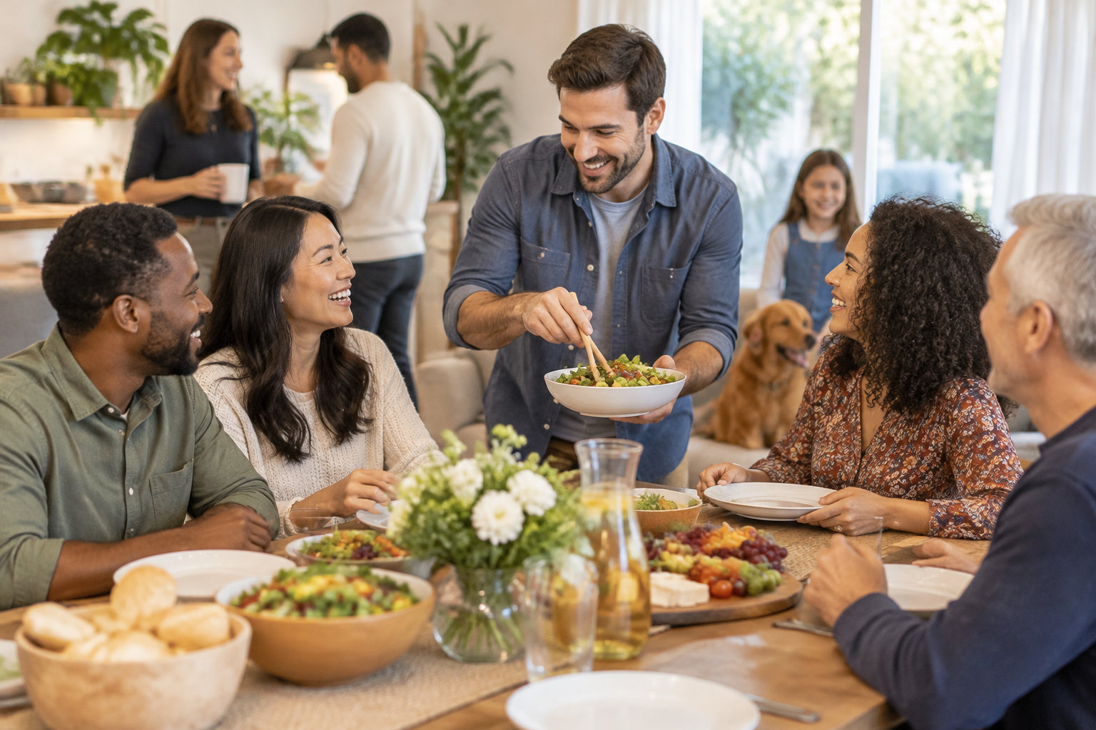 Plusieurs personnes souriantes partagent un repas autour d’une table, tandis qu’un homme sert une salade dans un grand bol.