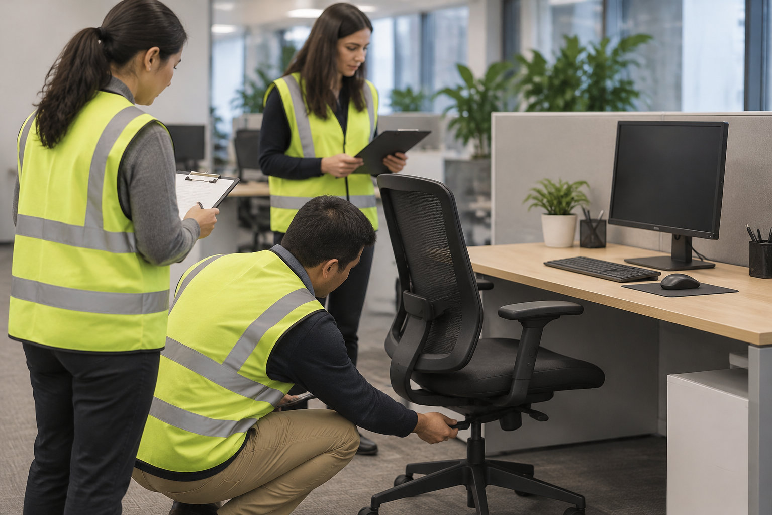 Trois personnes en gilets de sécurité inspectent un poste de travail dans un bureau ; l’une ajuste une chaise tandis que les deux autres prennent des notes.