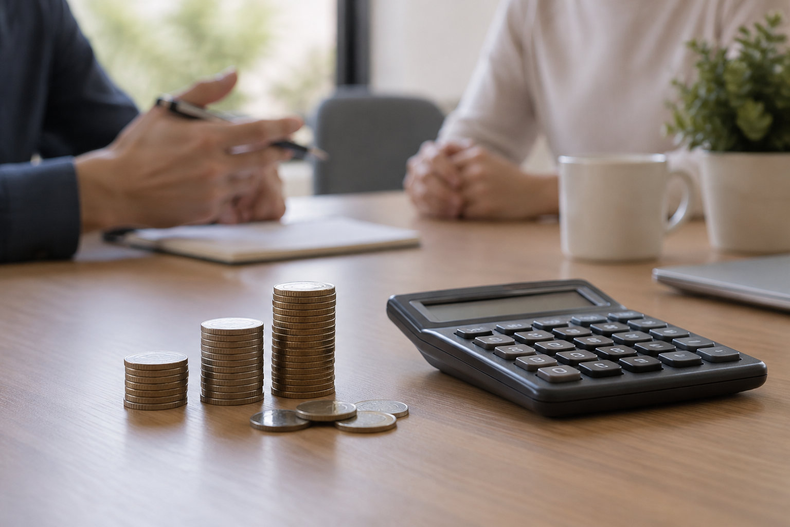 Des piles de pièces, une calculatrice et un carnet sont posés sur une table, tandis que deux personnes discutent en arrière-plan.
