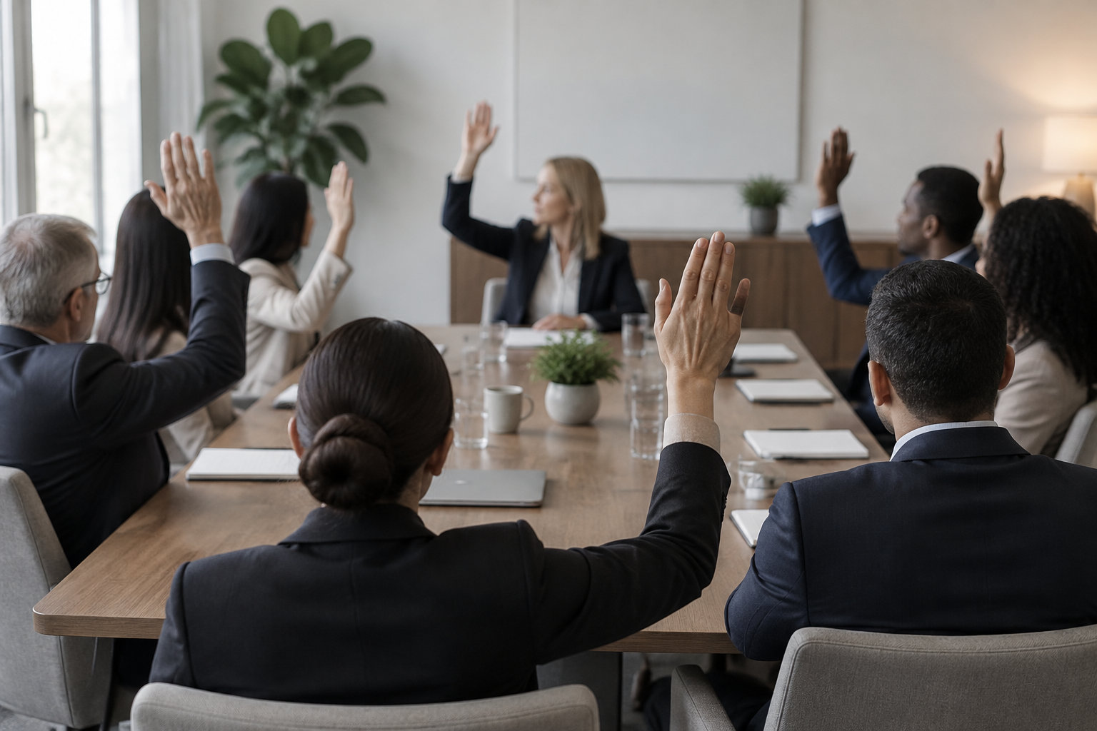 Plusieurs personnes en tenue professionnelle sont assises autour d’une table de réunion et lèvent la main face à une femme debout à l’autre bout de la pièce.