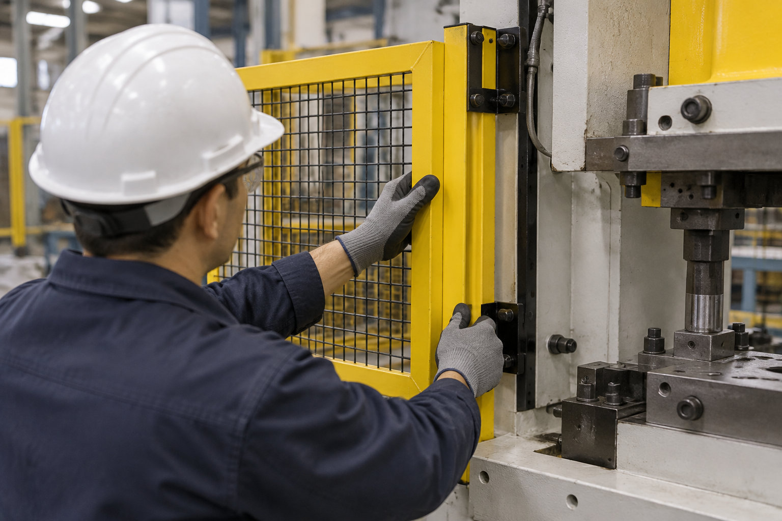 Un ouvrier portant un casque blanc et des gants manipule un panneau de protection grillagé jaune près d’une machine industrielle.