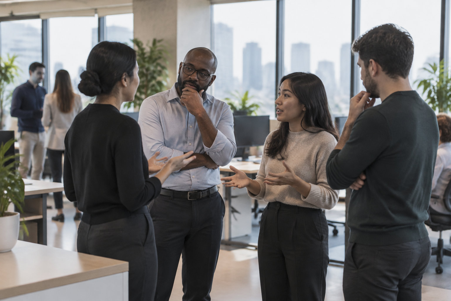 Quatre collègues discutent dans un bureau lumineux, tandis que d’autres personnes travaillent en arrière-plan.