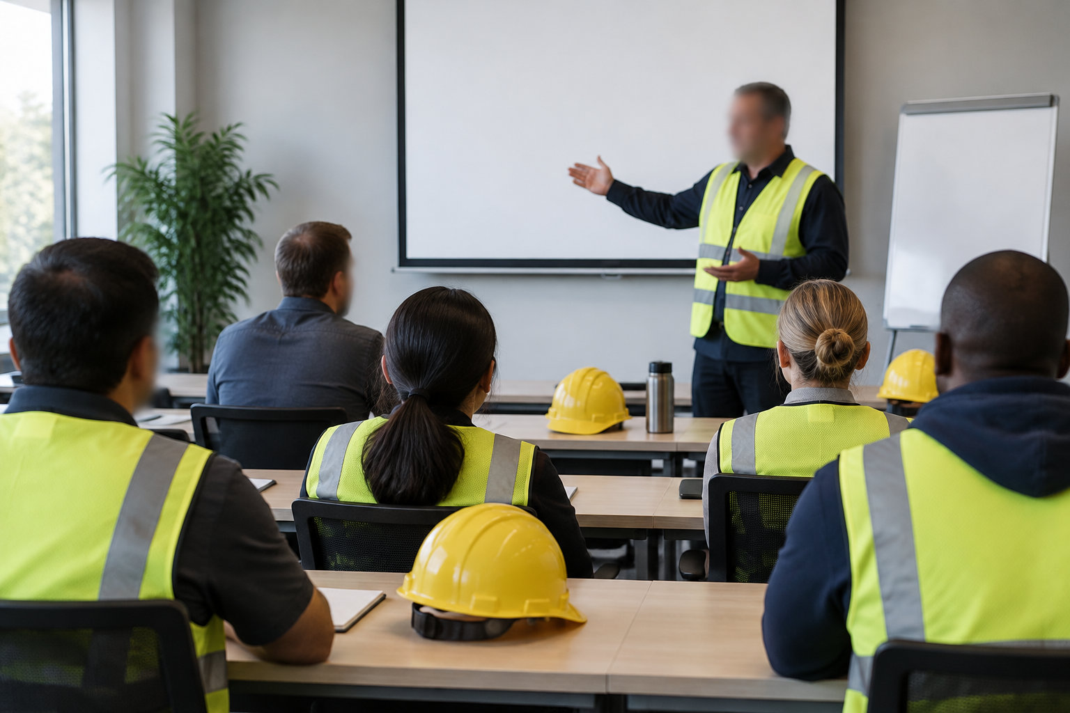 Un formateur en gilet fluorescent présente un sujet devant des ouvriers assis dans une salle, avec des casques de chantier posés sur les tables.