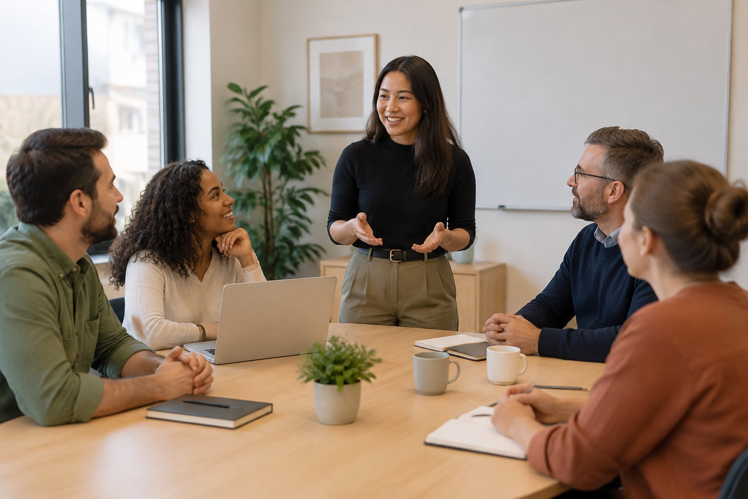Une femme debout présente une idée à quatre collègues assis autour d’une table, dans une salle de réunion avec un ordinateur portable et un tableau blanc.