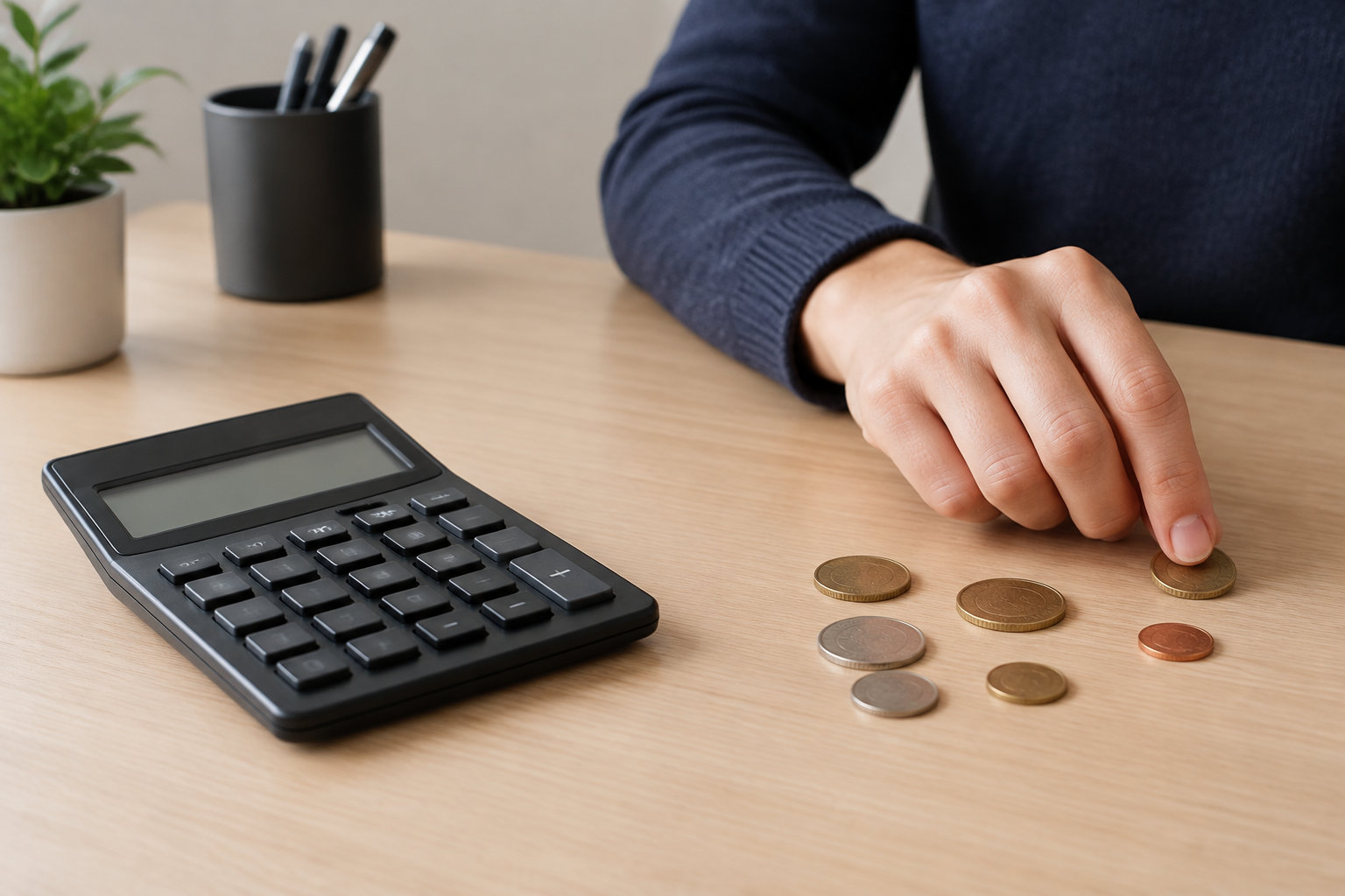 Une main pointe une pièce de monnaie parmi plusieurs pièces disposées sur un bureau, à côté d’une calculatrice, d’un pot à crayons et d’une plante.
