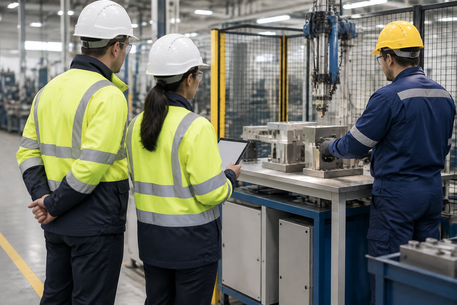 Trois personnes portant des casques et des vêtements de sécurité observent une machine industrielle, tandis que l’une tient une tablette.