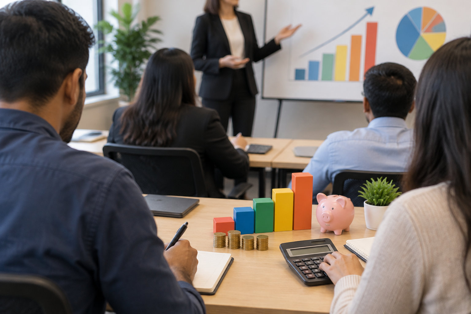 Des personnes assistent à une présentation de graphiques, tandis qu’au premier plan une personne écrit et une autre utilise une calculatrice près de pièces, de blocs colorés et d’une tirelire.
