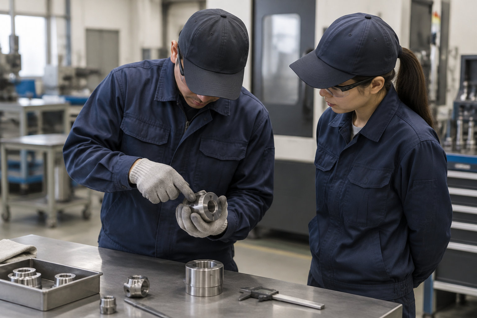 Deux personnes en tenue de travail examinent une pièce métallique sur un établi dans un atelier industriel.