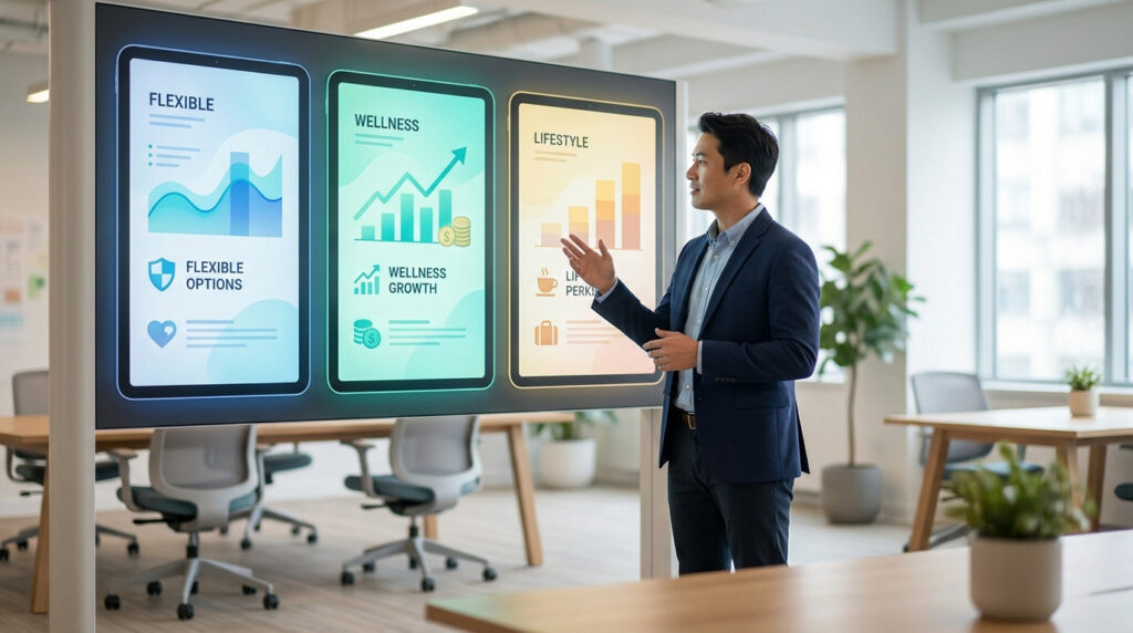 Un homme d'affaires présente trois options de services (Flexible, Wellness, Lifestyle) sur un écran géant.
